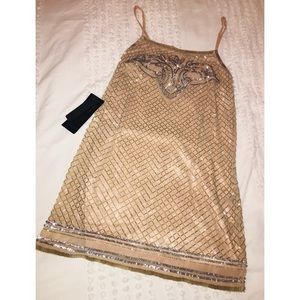 Nude shift mini dress with silver sequence